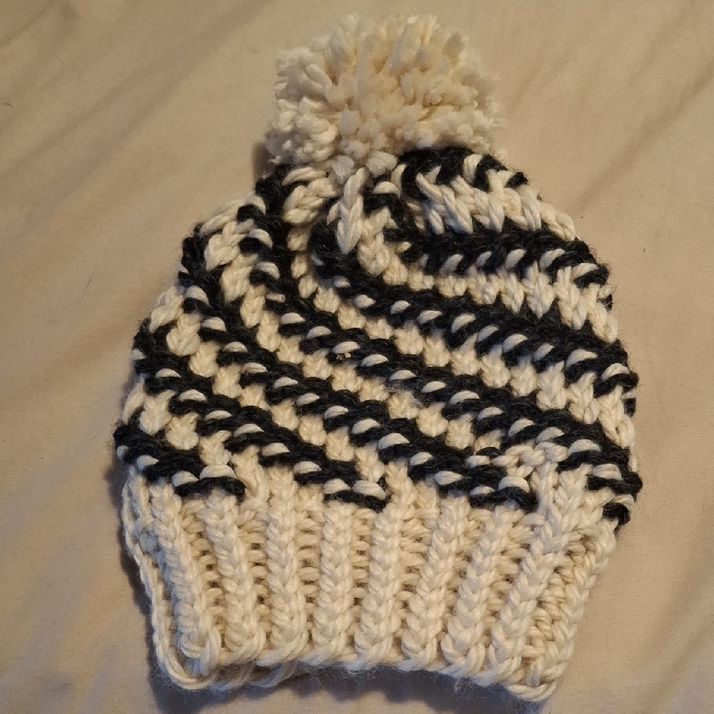 Hand-knit Cream And Gray Spiral Winter Hat
